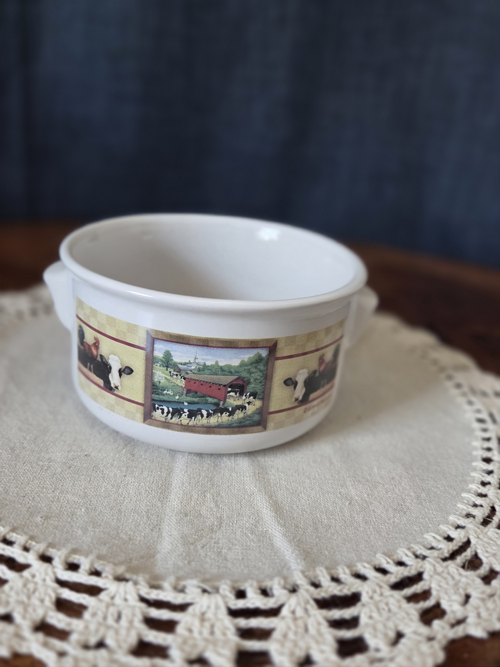 Farmhouse Soup Crock Bowl with Handles | Covered Bridge & Cow Design
